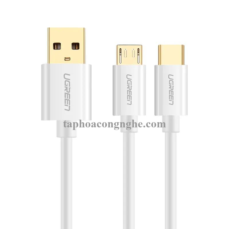 Ugreen 30575 0.5M màu Trắng Cáp USB-A sang Micro USB + USB-C cao cấp US197 30030575